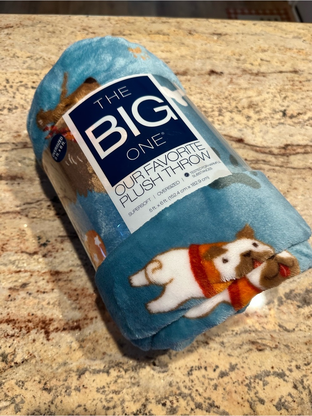 The Big One Plush Throw Blanket in Teal Blue with Brown & Orange Dog Motif
